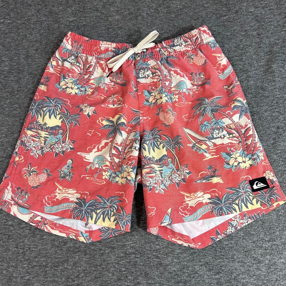 Quiksilver Mens Red Tropical Flamingo Palm Tree Print Swim Trunks Size S